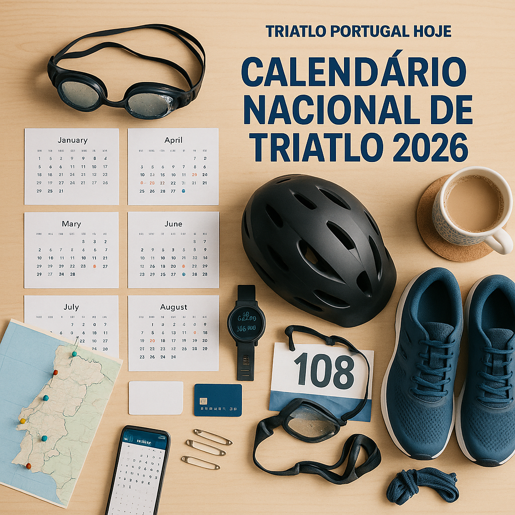 Top-down photo of a neatly arranged triathlon planning setup on a light wooden table: