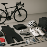 Flat lay de equipamento essencial para iniciar no triatlo federado em Portugal: fato de