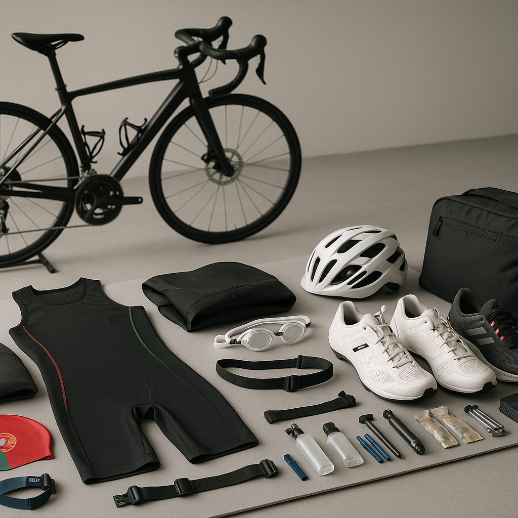 Flat lay de equipamento essencial para iniciar no triatlo federado em Portugal: fato de