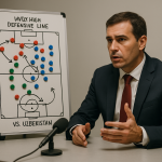 Photographic, candid locker-room corridor scene: a generic Portuguese head coach stands by a whiteboard,