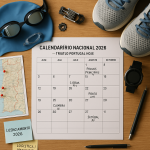 Photographic wall-mounted corkboard scene: a neat 2026 wall calendar header Calendário Nacional 2026 —
