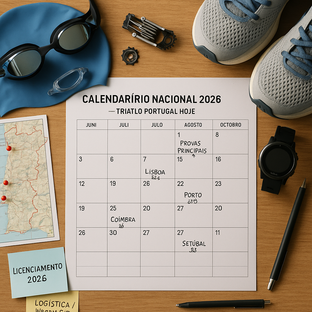 Photographic wall-mounted corkboard scene: a neat 2026 wall calendar header Calendário Nacional 2026 —