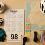 Photorealistic corkboard wall scene featuring a neatly arranged 2026 Portugal triathlon calendar with pinned