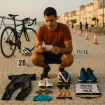 Photorealistic action moment in the transition area: a beginner triathlete jogging the bike by