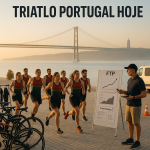 Triathlon club training at sunrise on Lisbon’s riverside, coach reviewing FTP guidelines and growth
