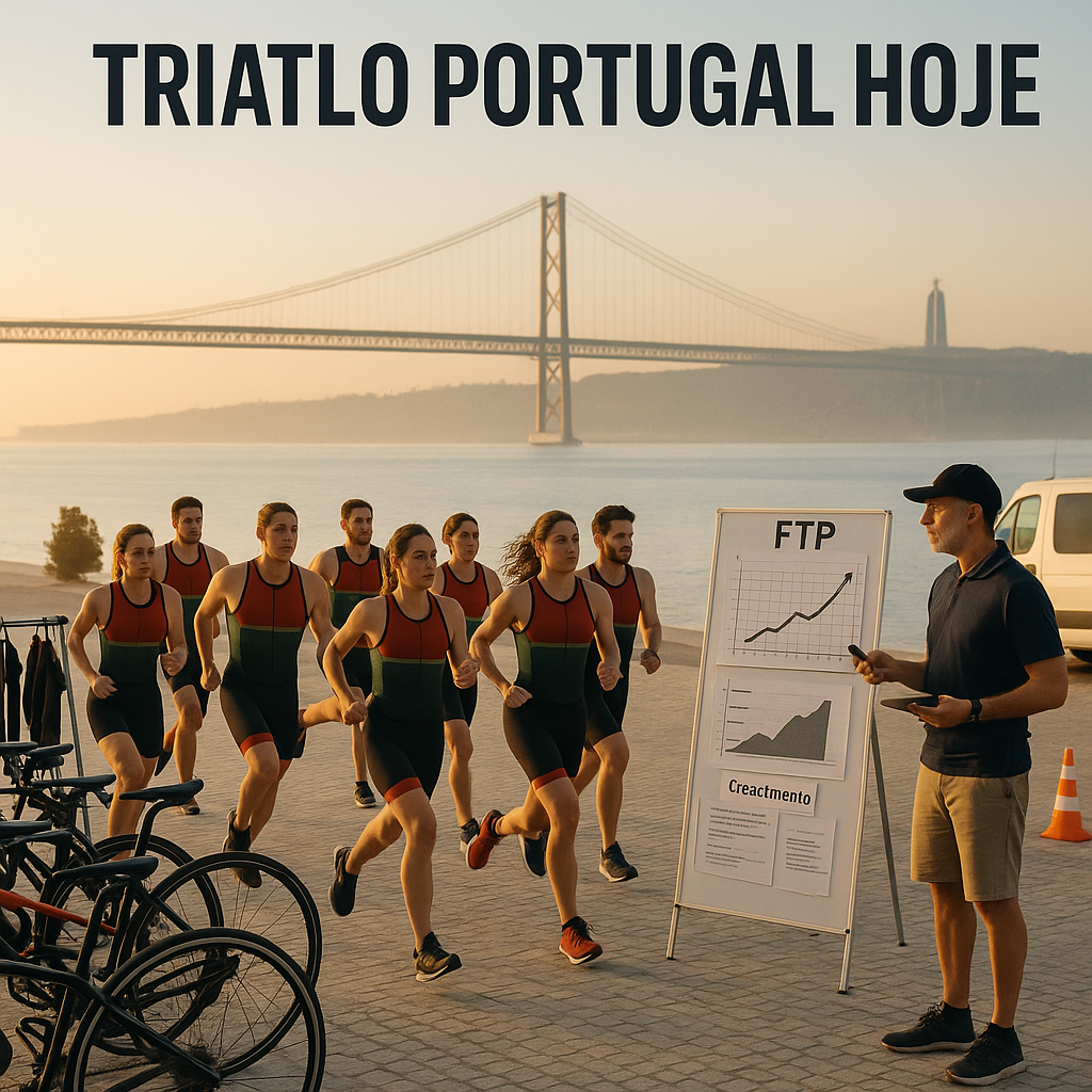 Triathlon club training at sunrise on Lisbon’s riverside, coach reviewing FTP guidelines and growth