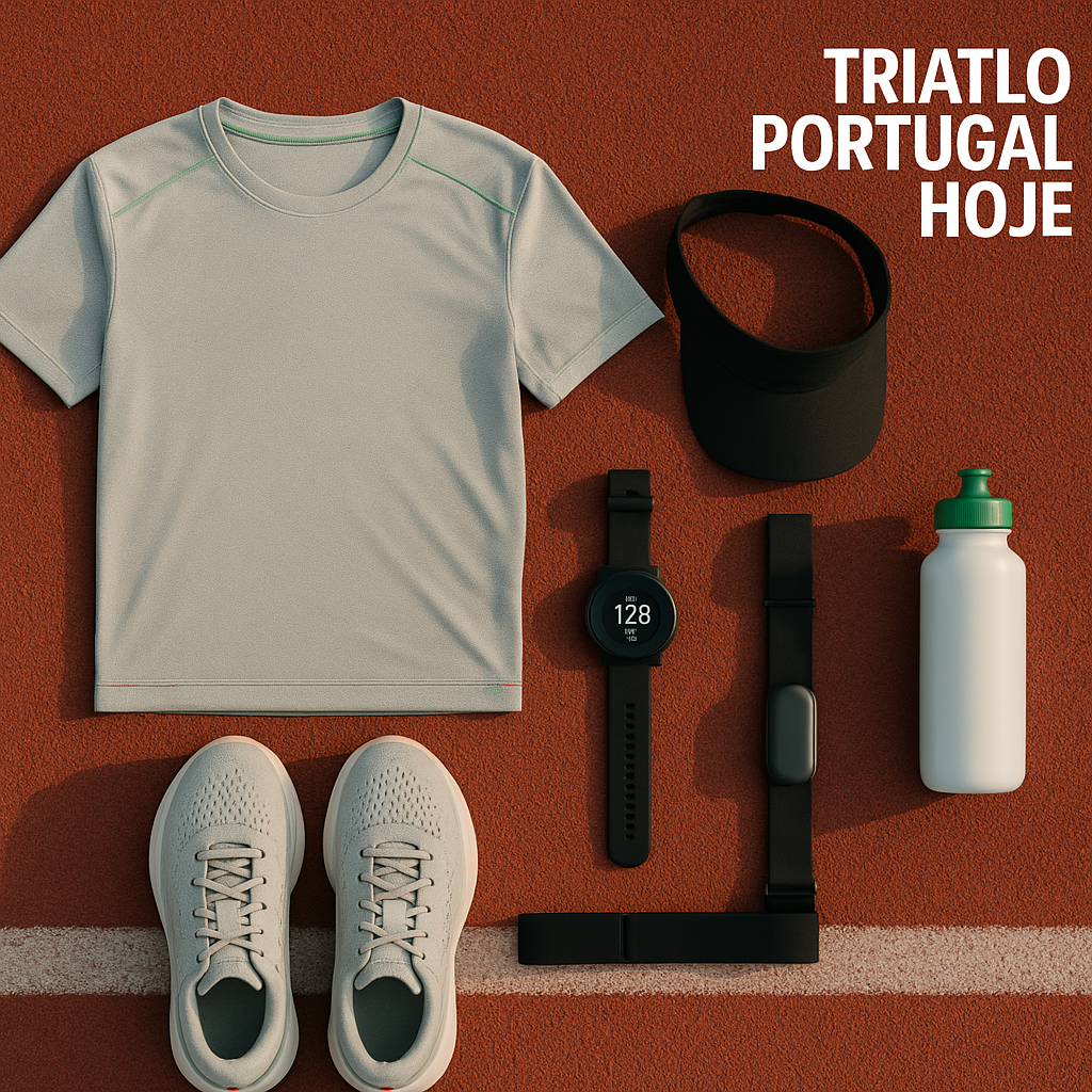 Flat‑lay fotográfico de equipamento essencial para atletas iniciantes — ténis, camisa técnica respirável, boné/viseira,