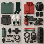 Studio portrait: four beginner athletes (diverse) standing side-by-side against a neutral gray wall, each