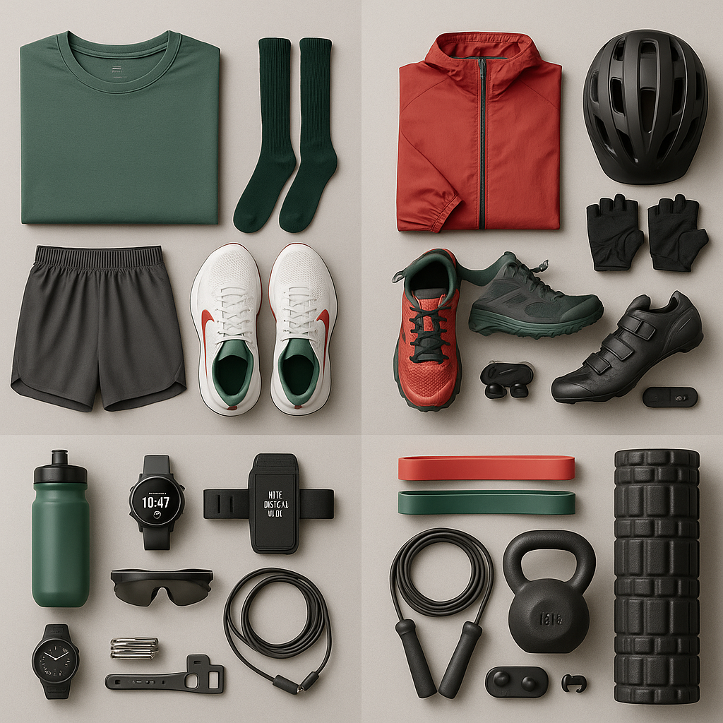 Studio portrait: four beginner athletes (diverse) standing side-by-side against a neutral gray wall, each