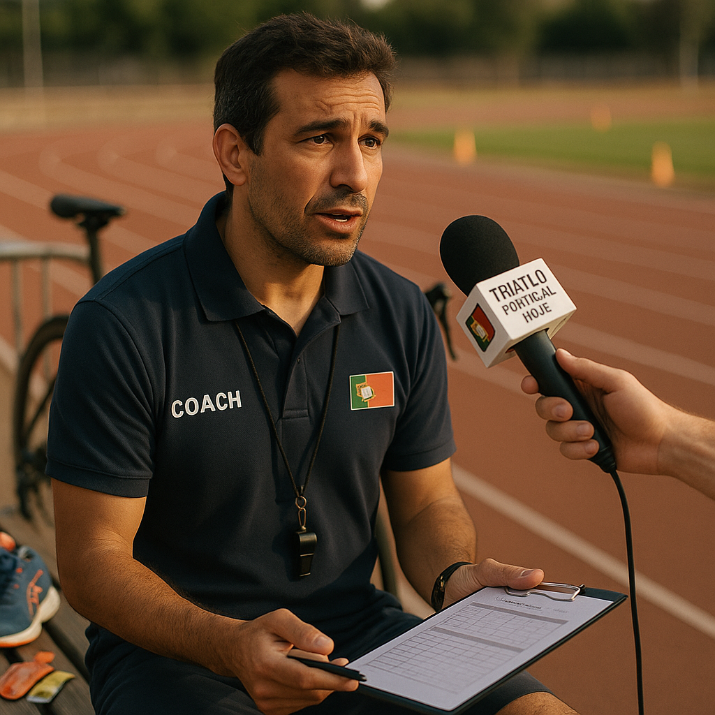 Treinador português de triatlo a ser entrevistado à beira de uma pista de atletismo,