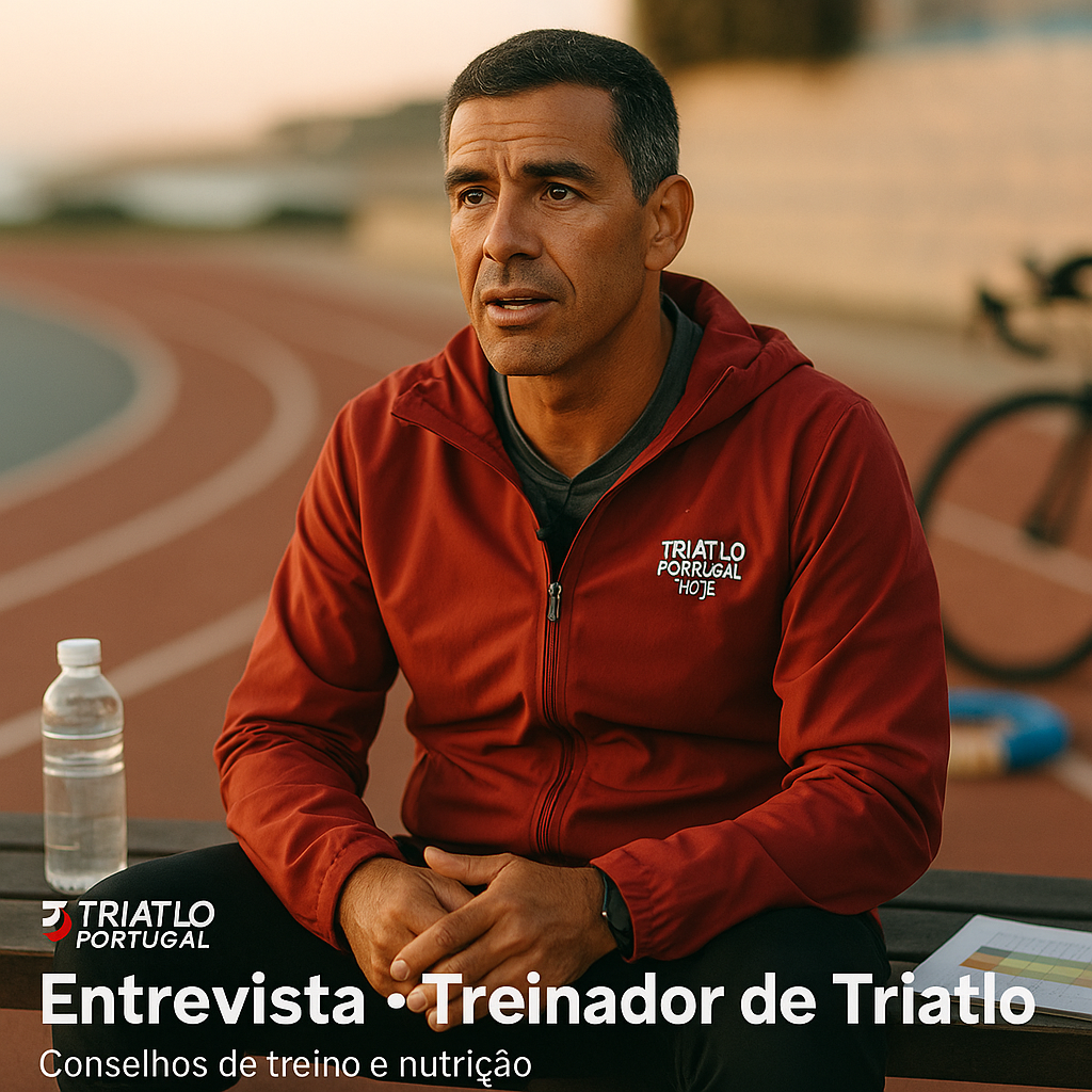 Photorealistic mid-shot of a Portuguese triathlon coach interviewed trackside at golden hour for Triatlo