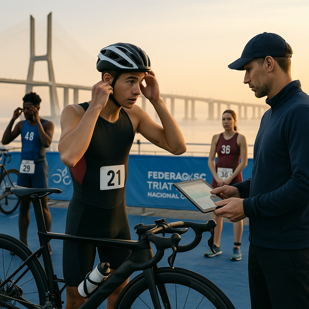 Dawn at Lisbon’s Parque das Nações: a young triathlete in T1 puts on a