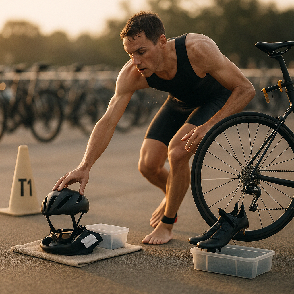 Triatleta em T1, tirando a neoprene e pegando o capacete diante de um setup